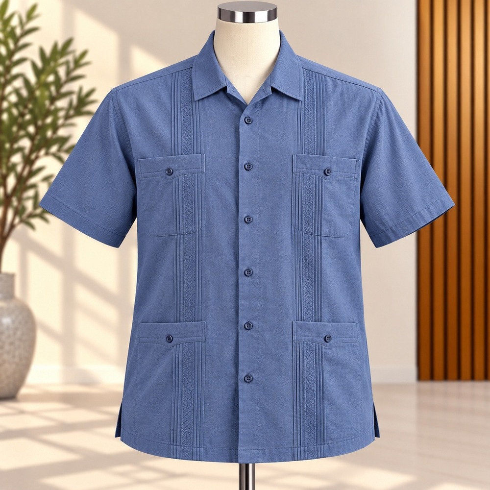Chispa Button Down Shirt Mens XL Blue Short Sleeve Pleated Ramie Cotton Casual